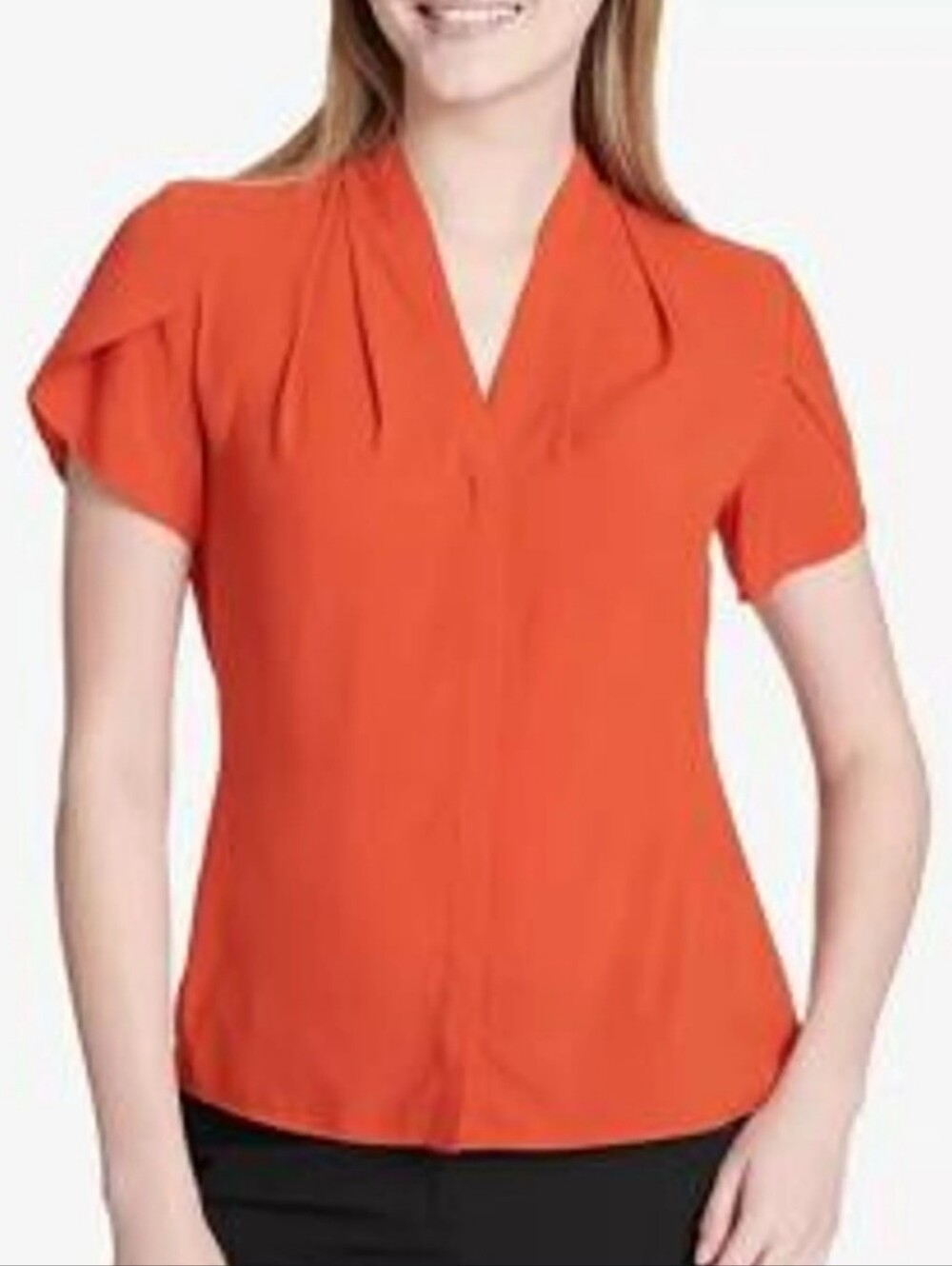 Calvin Klein Orange Pleated Silky Blouse w/ Tulip Sleeves, Size Large